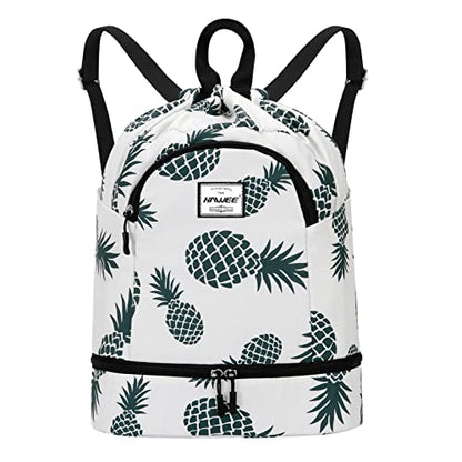 Dry Wet Drawstring Backpack with Shoe Compartment for Women Adjustable Gym Bag - color: Pineapple Green