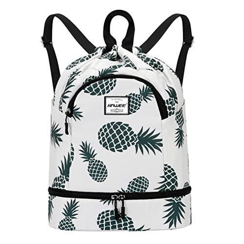 Dry Wet Drawstring Backpack with Shoe Compartment for Women Adjustable Gym Bag - color: Pineapple Green