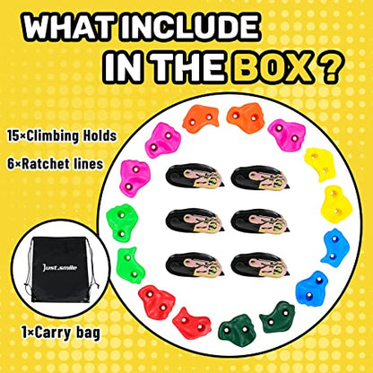 Just.smile Climbing Hold for Kids Outdoor-Ninja Tree Climbing Rocks 15 Pcs with 6 Ratchets-Climbing Grip Kits for Ninja Warrior Obstacle Course