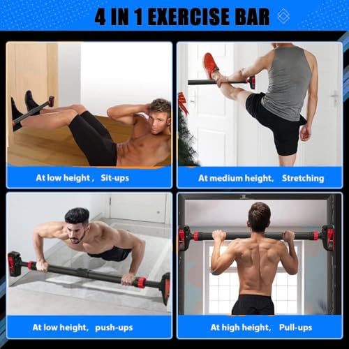 Pull Up Bar for Doorway,Adjustable Chin Up Bar for with Level Meter | 440 LBS Max Load,No Screws Needed - color: Red and Black
