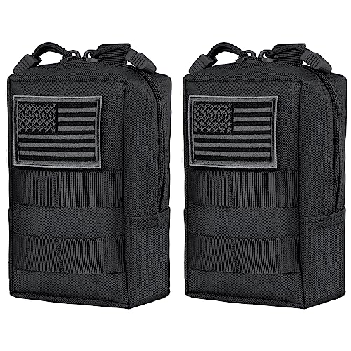 2 Pack Tactical Molle EDC Pouch Multi-Purpose Compact Pack Water-Resistant Utility Pouch with Flag Patch - color: Black