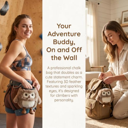 Fluffy Owl Plush Chalk Bag, Drawstring Magnesia Storage Pouch with Adjustable Waist Strap, Portable Animal Shape Gym Chalk Holder for Rock Climbing Bouldering Weight Lifting Training