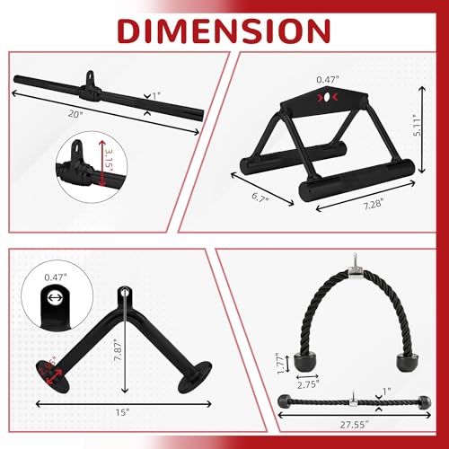 Fitvids Cable Attachment Set 800LB LoadCapacity Tricep Rope, Row Handle, StraightBar, V Bar Commercial Grade Cable MachineAccessories for Home Gym Workouts - size: 4-Piece Set-Black