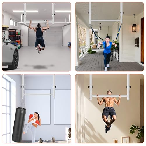 48" Ceiling Mount Pull Up Bar, Heavy Duty Multi-Grip Rafter Chin Up Bar for Garage/Basement/Backyard Ceiling Beam, Adjustable Height&Supports to 650 Lbs - color: White