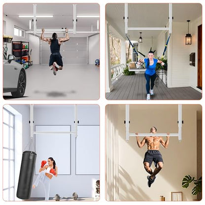 48" Ceiling Mount Pull Up Bar, Heavy Duty Multi-Grip Rafter Chin Up Bar for Garage/Basement/Backyard Ceiling Beam, Adjustable Height&Supports to 650 Lbs - color: White