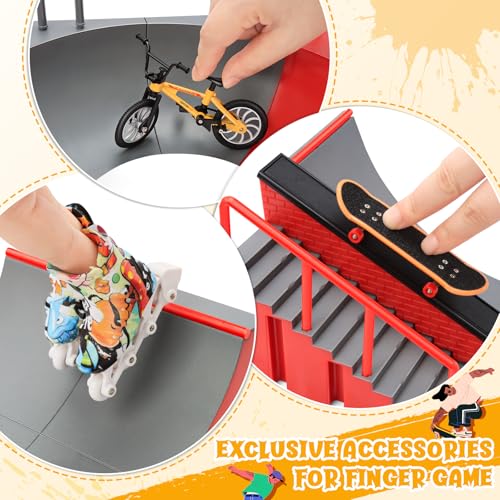 Fingerboard Skate Park Kit — 18 in 1 Finger Skateboard Toys with 13 Ramps 3 Mini Fingerboards Skateshoes & Mini Bikes, Extra Large Ultimate Training Props Interactive Game for Adults Kids 6+