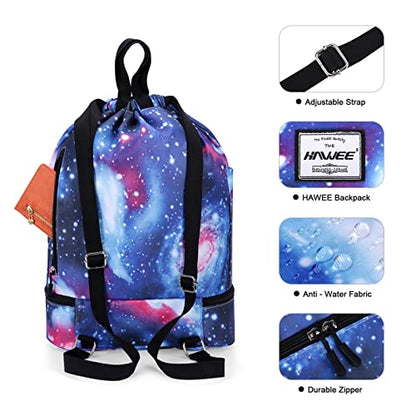 Dry Wet Drawstring Backpack with Shoe Compartment for Women Adjustable Gym Bag - color: Galaxy