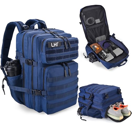 LHI Military Tactical Backpack for Men and Women 45L Army 3 Days Assault Pack Bag Large Rucksack with Shoe Compartment - color: 1.4 Blue