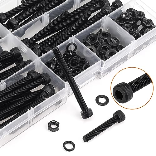 HELIFOUNER 240 Pieces M5 x 30mm /35mm /40mm /45mm /50mm, Hex Socket Head Cap Metric Screws Bolts Washers Nuts Kit, 12.9 Grade Alloy Steel, Fully Threaded, Black - size: M5 x 30/35/40/45/50mm, style: Socket Head