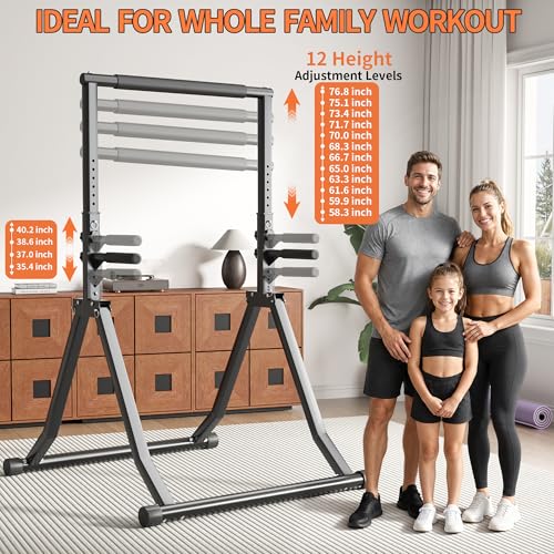Foldable Pull Up Bar Station 58.3''-76.8'' Power Tower - color: 58.3"-76.8" with Dual Dip Handles & Assistance Bands