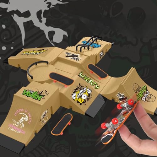 Fingerboard Skate Park Kit,Skateboard Finger Toys with 13 Pieces of Skateboards, Ramps, Skates, Scooters, Bikes and Caster Boards, Funny Mini Finger Board Skate Training Parts (Yellow) - color: Yellow