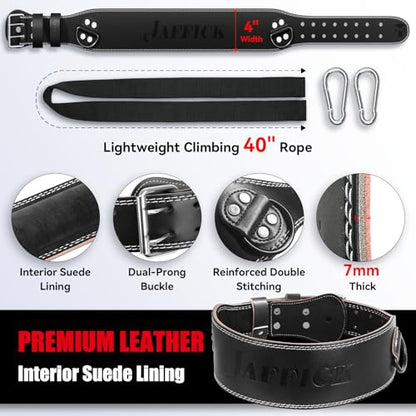 Jaffick Leather Weight lifting belt & 2-in-1 Dip Belt with Rope for Weightlifting Pull Up Gym Powerlifting Squat Bodybuilding Waist Support for Men Women - size: L