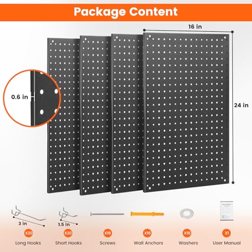 ENJOYWOOD Pegboard, 4 PCS 24"×16" Metal Peg Board Panels Black Modular Wall Organizer Kit with 40 Hooks, Dual-Size Hole Design for Home Tool Storage, Garage Organization, Kitchen, Office, Craft Room - size: 4 PCS