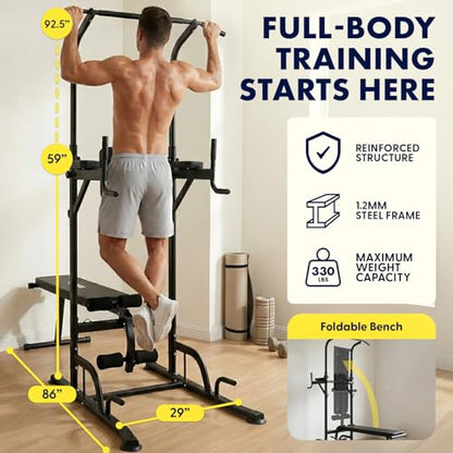 SQUATZ Pull-Up Dip Station - Your All-in-One Power Tower Gym and Chin-Up Bar Stand with Collapsible Bench for Home Exercise and Bench Press