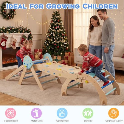 HONEY JOY Pikler Triangle Set, 9 in 1 Foldable Wooden Triangle Climber w/Arch, Ramp, Climbing Rope & Ladder, Baby Indoor Playground Jungle Gym, Montessori Climbing Toy for Toddlers (Blue) - color: Blue