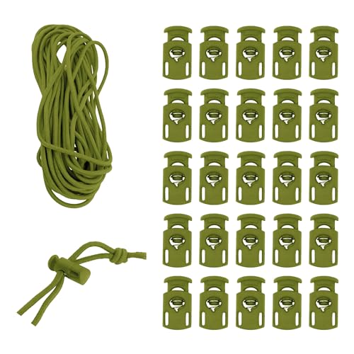 Mandala Crafts Olive Green Shock Cord & Cord Locks for Elastic Drawstrings | 10 YDs Bungee String, 25 Spring Toggle Clips, End Stopper Clamps, for Shoelaces, Paracord, Jackets, Hoodies, Backpacks - color: Olive Green