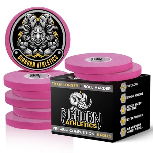 Bighorn Athletics BJJ Competition Finger Tape, 0.3" x 45ft, 8 Rolls, Pink | Rayon finger tape – 50% stronger than cotton. Residue-free, sweat-proof adhesive for Jiu Jitsu competition & hard training. - color: Pink, size: 0.3-Inch