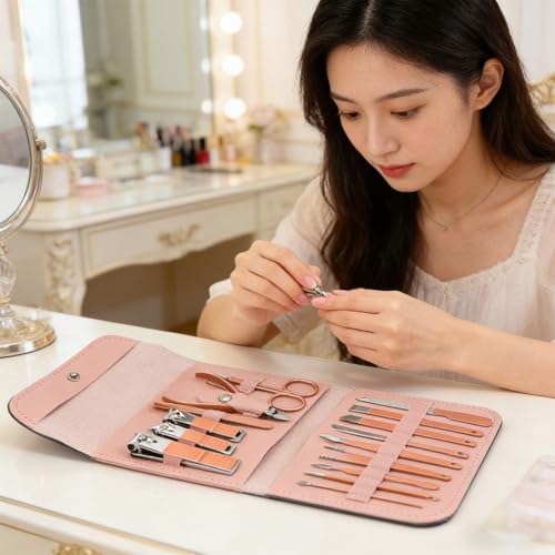 Nail Care Kit,Manicure Pedicure Set,Nail Clippers and Beauty Tool Portable SetWith Case for Home Travel Personal Care(Pink+16set) - color: Pink