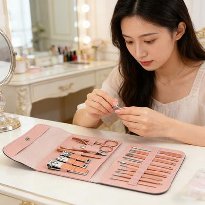 Nail Care Kit,Manicure Pedicure Set,Nail Clippers and Beauty Tool Portable SetWith Case for Home Travel Personal Care(Pink+16set) - color: Pink