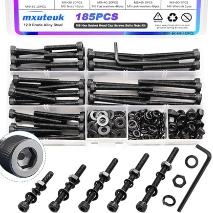 mxuteuk 185PCS M5 Screws Assortment Set, M5 Hex Socket Head Cap Screws Bolts Nuts Kit, 12.9 Grade Alloy Steel Bolts with Hex Wrench - size: 185PCS M5 x 30/35/40/45/50mm, style: Hex Socket Head