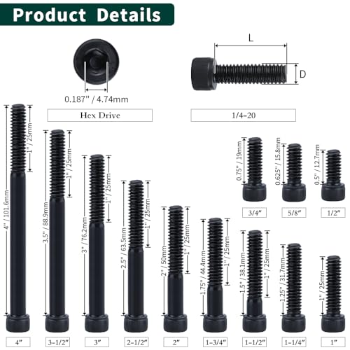 1/4-20 x 3/4" Socket Head Cap Screws Bolts, 12.9 Grade Alloy Steel, Black Oxide Finish, Allen Hex Drive, Full Thread, 50 PCS - size: 1/4-20 x 3/4"