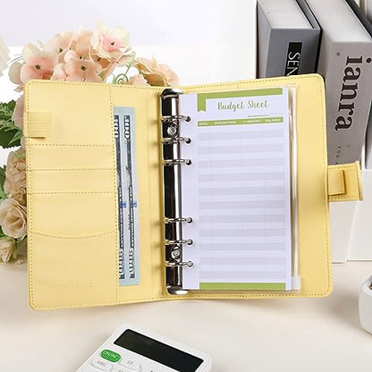 SKYDUE Budget Binder with 8pcs Zipper Envelopes, Money Organizer for Cash with 12pcs Expense Budget Sheets & 24 Blak Sticky Labels, Budget Book with Cash Envelopes, Yellow, A6 (1008HYJ-HZ_A6Yellow) - color: Yellow