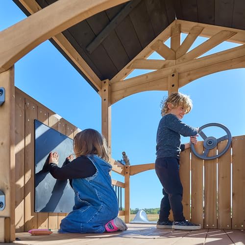Backyard Discovery Dover Bay Spruce Wood Swing Set with Wave Slide, Clubhouse, Monkey Bars, Rock Wall, Belt Swings, Step Ladder, Toy Telescope, Chalkboard, Outdoor Playset - color: Grey Slide, style: Spruce