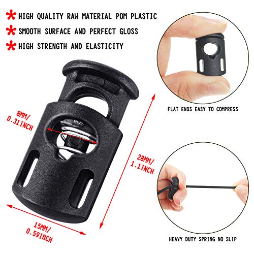 Patelai 50 Pieces Cord Locks Spring Toggles Stoppers Plastic Single Hole End Stopper Slider and 1/8 Inch 66 Feet Elastic Bungee Cord for Drawstring Shoelaces Clothing Bags(Black, Classic Style) - size: Black, style: Classic Style