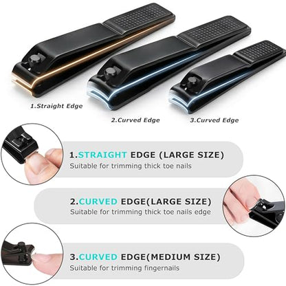 Heavy Duty Nail Clippers Set, Straight & Curved Edge, 3PCS Black | Large 3.15Inch, Fingernail and Toenail Clippers for Thick Nails, with Nail File ,Nail Trimmer for Men Women Seniors Adults - color: Black