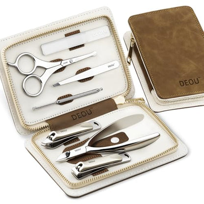 DEOU Premium Manicure Set 8 in 1, 420J2 Stainless Steel Pedicure Kit with Luxury Leather Case, Professional Grooming Tools for Travel & Home, (Brown) - color: Brown