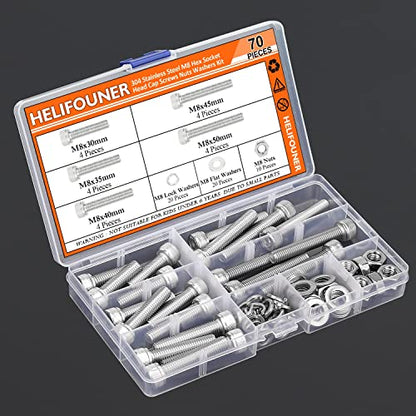 HELIFOUNER 70 Pieces M8 x 30mm /35mm /40mm /45mm /50mm, Hex Socket Head Cap Metric Screws Bolts Washers Nuts Kit, 304 Stainless Steel - size: M8 x 30/35/40/45/50mm