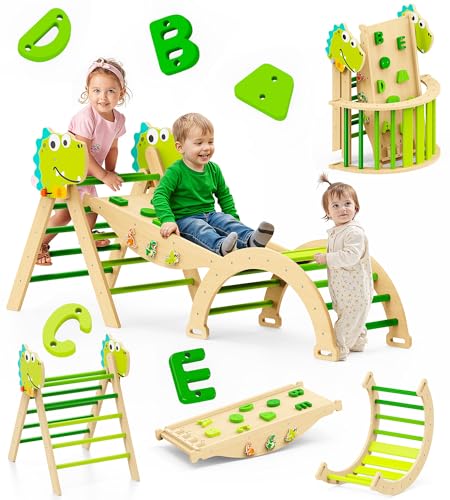 Pikler Triangle Set, 11-in-1 Montessori Climbing Toy for Toddlers, Foldable Wooden Indoor Jungle Gym & Playground Climber for Learning and Motor Skills (18 Months–7 Years) - color: Dinosaur