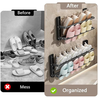 Shoe Rack Expandable 14.6"-26.4"，2-Tier Metal Hanging Shoe Organizer Holds 6 Pairs of Shoes,Wall-Mounted Shoe Rack, Foldable Shoe Shelf for Entryway Space-Saving Shoe Holder for Door, Black - size: Length 14.6"-26.4"