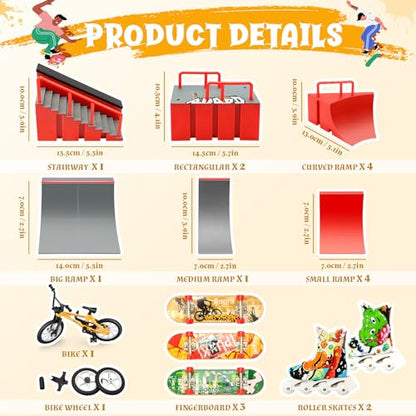 Fingerboard Skate Park Kit — 18 in 1 Finger Skateboard Toys with 13 Ramps 3 Mini Fingerboards Skateshoes & Mini Bikes, Extra Large Ultimate Training Props Interactive Game for Adults Kids 6+