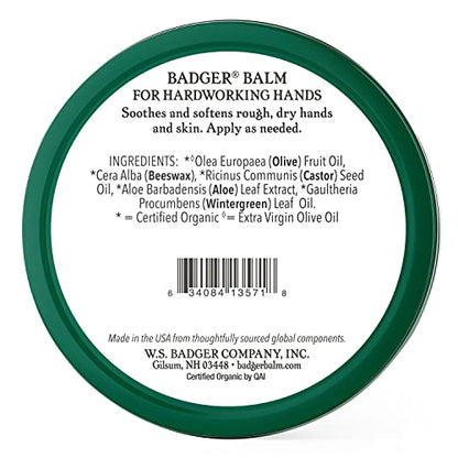 Badger - Hardworking Hands Healing Balm, Aloe Vera & Wintergreen, Working Hand Balm, for Dry Hands, Hand Moisturizer, Certified Organic, 2 oz (3 Pack) - size: 2 Ounce (Pack of 3)