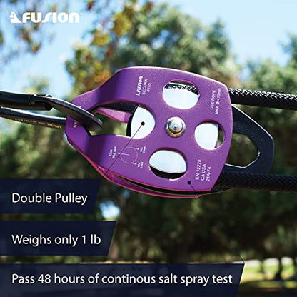 Fusion Climb Lightweight and Durable Aero Space Aluminum Alloy Double Pulley Swing Plate 32kN for Progress Capture System Rigging Hauling Rescue Arborist Tree Climbing - color: Purple