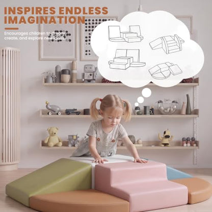 Hoohtoot Soft Foam Climbing Blocks for Toddlers: 6-Piece Macaron Color Play Set - Indoor PU Leather Climbing Toys - Baby Crawling and Activity Gym - style: Ivory/Pink