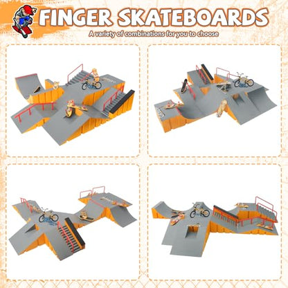 CS COSDDI Finger Skateboard Park Kit, 14 in 1 Skate Park Set with 8 Fingerboards, 14 Ramps, Half Pipe & Finger Bike, Mini Skate Toy for Kids & Adults,Yellow - color: Style -1810-12c