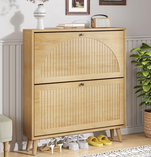 Fsbecl Shoe Storage Cabinet for Entryway with 2 Flip Drawers, Narrow Wood Shoe Cabinet with Fluted Panel, Freestanding Hidden Shoe Organizer for Hallway - color: Oak, size: 2 Drawers-Single Layer