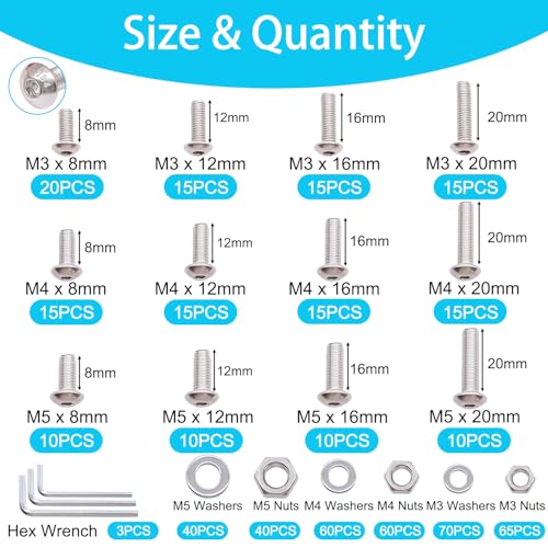 500PCS M3 M4 M5 Metric Screw Assortment Kit, 8-20mm Button Head Socket Cap Screws Bolts Nuts Washers Assortment Kit, 304 Stainless Steel Metric Bolts with 3 Hex Wrench - size: SS M3 M4 M5, style: Button Head