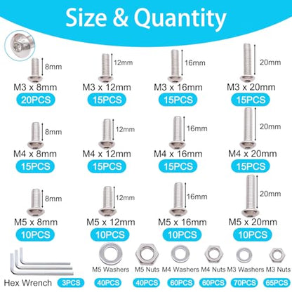 500PCS M3 M4 M5 Metric Screw Assortment Kit, 8-20mm Button Head Socket Cap Screws Bolts Nuts Washers Assortment Kit, 304 Stainless Steel Metric Bolts with 3 Hex Wrench - size: SS M3 M4 M5, style: Button Head