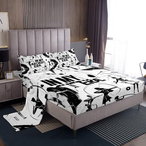 Erosebridal Archery Games Sheet Set King Size, Archery Target Bed Sheets Set for Kids Teens Adults, Archery Athletes Printed Sheets, Archery Sports Theme Flat Fitted Sheet, Black White - color: White and Black, size: King