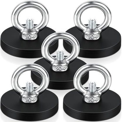 5 Pcs Rubber Coated Magnets, 30LBS Bolt on Magnets with M6 Threaded Strong Neodymium Magnet with Hooks, Flat Rubber Coated Fishing Magnet - size: 1.6x0.23in/Ring-5pack