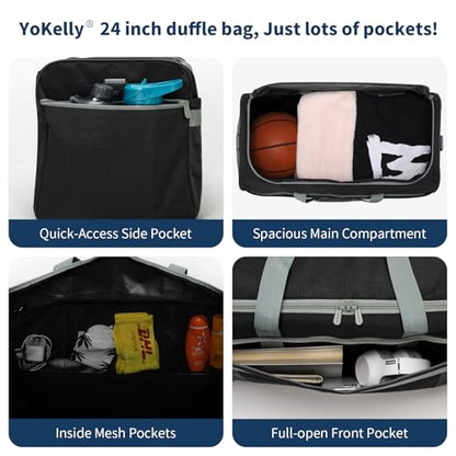 65L Gym Bag for Men, Wet Pocket, Shoe Compartment, 24 inch, Black | 8 Compartments / Pockets, Spacious, Large Sports Duffle Bag for Weekend Travel - color: Black