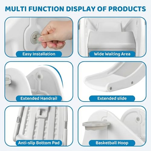 Toddler Indoor Slide, Foldable Baby Climber Playset with Basketball & Hoop | 63 in Extra Long Slope, Non-Slip Steps, Sturdy Plastic, Outdoor Playground for Backyard, Home & Playroom Use, Grey White - color: Grey White
