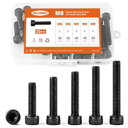 M8 x 30mm 35mm 40mm 45mm 50mm Hex Socket Head Cap Screws Bolts 12.9 Grade Alloy Steel Metric, Black Oxide Finish, Allen Socket Drive, Machine Fully Threaded, Assortment Kit 25PCS - size: M8 x 30/35/40/45/50mm (20PCS)