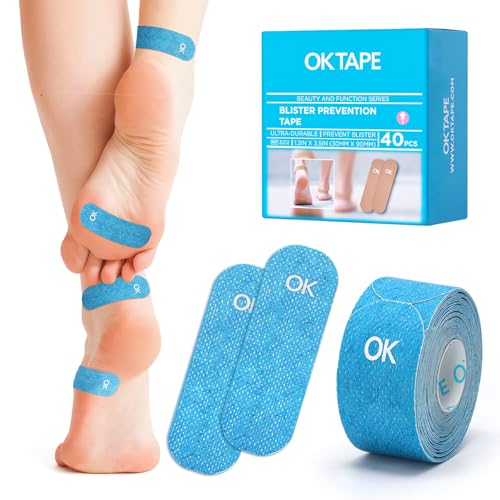 OK TAPE Blister Prevention Tape, 40 Pcs, Moleskin for Blisters, No-Residue Blister Bandages for Feet & Body, Heel Patches, 1.2in X 3.5in Precut Strips - Blue - color: Blue