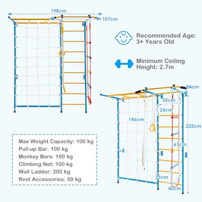 HONEY JOY Climbing Toys for Toddlers, Upgrade Metal Indoor Kids Gym for Solid Wall, Playground and Climbing Exercise Set with Rope Ladder, Pull-up Bar, Monkey Bars, Gymnastic Rings (7 in 1) - size: 7 In 1