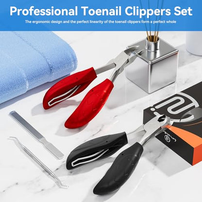 Toenail Clippers for Seniors Thick Toenails | 4-PCS Ergonomic Long Handle Non-Slip Soft grip Toe Nail Clippers Set for thick toenails | Premium Steel Heavy Duty Super Sharp Fingernail Clippers for Men - style: Black+Red set