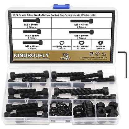 72 Pieces Black M8 x 30/35 /40/45 /50 mm Hex Socket Head Cap Screws Nuts Washers Assortment Kit, 12.9 Grade Alloy Steel - size: M8 x 30/35/40/45/50mm, style: Socket Head